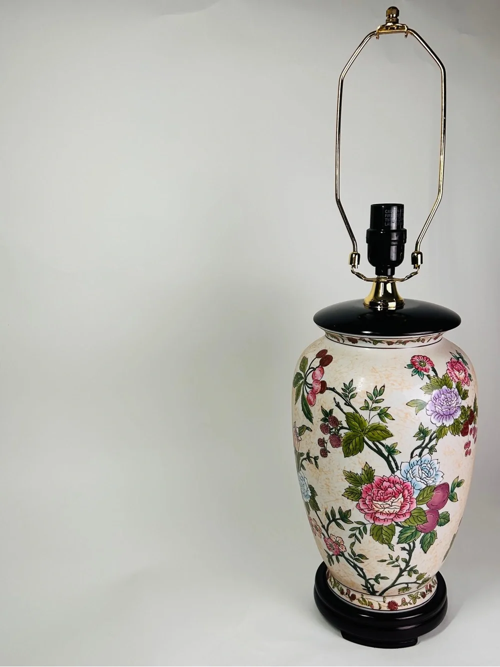 Large 25” Vintage Ceramic Floral Table Lamp Hand Painted Chinoiserie Decor 221